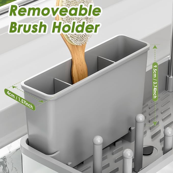 Ewaiira Stainless Steel Sink Caddy, Sponge Holder for Kitchen Sink 9.8″ | with Brush Holder Dishcloth Rack, Rustproof Sink Organizer Countertop, Soap Kitchen Organizers Storage Essentials, Gray - Image 9