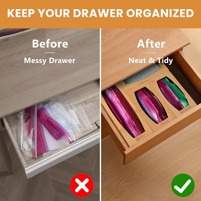 CRAKTH Plastic Bag Storage Organizer for Kitchen Drawer, Bamboo | Space-Saving, Set of 4 Separate, Food Bag Storage Holders, Fits Gallon, Quart, Sandwich, Snack Variety Size Bags - Image 2