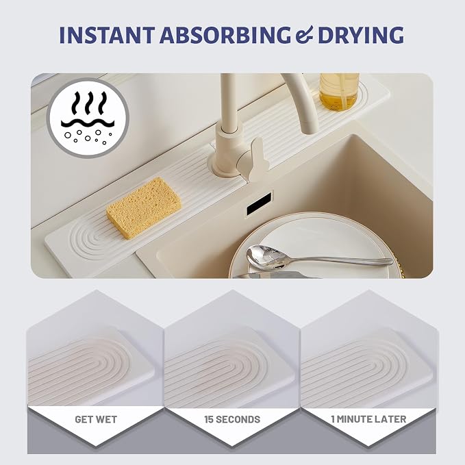 30 Inch Stone Faucet Mat for Kitchen Sink quick dry around faucet | Sink Splash Guard Water Absorbing Stone Tray for Sink, Counter Protector Matt for Kitchen & Bathroom - Image 3