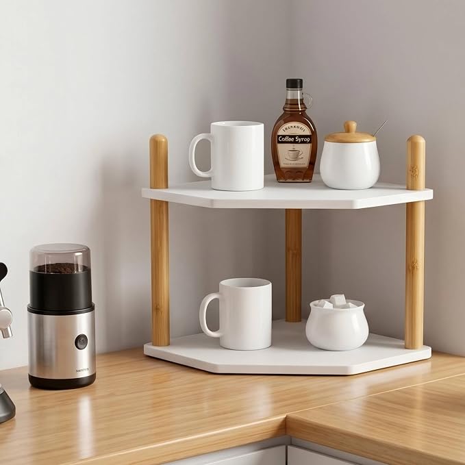 2-Tier Bamboo Corner Shelf,Kitchen Countertop Organizer,Corner Countertop Organizer Shelf, Coffee Bar Organizer,Coffee Bar Accessories,for Kitchen, Pantry, Organizers and Storage,White - Image 2