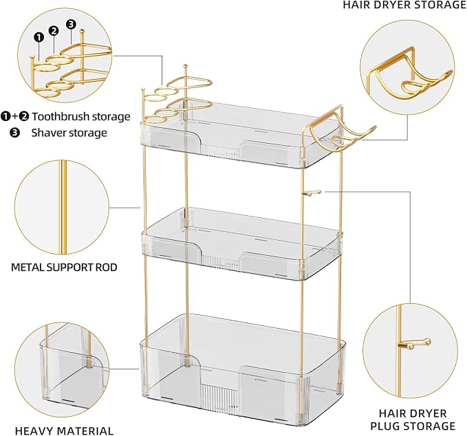 Akinbas 3 Tier Bathroom Organizer Countertop Makeup Perfume Tray Skincare Organizer Comes with Hair Dryer Rack and Toothbrush Holder for Bathroom Dresser Vanity (White) - Image 4