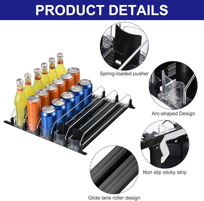 uxcell 5pcs Drink Organizer for Refrigerator, Self-Pushing Soda Can Organizer Width Adjustable Drink Dispenser Beverage Pusher for Fridge Pantry Vending Machine, Black - Image 3