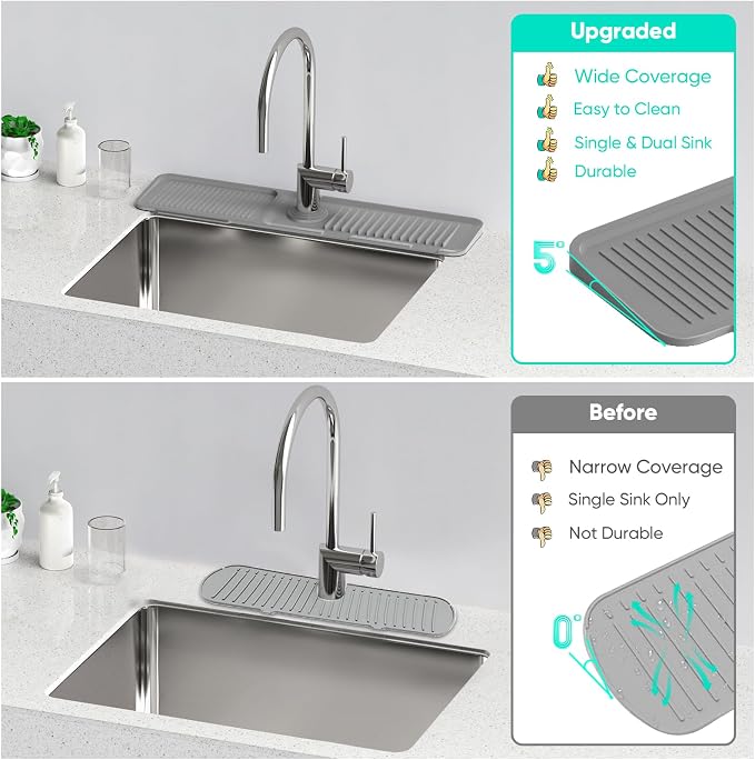 24 Inch Longer Faucet Mat for Kitchen Sink [5° Slope Fast Self-draining]Bathroom Kitchen Sink Splash Guard Silicone Sinks Faucet Mat Splash Guard for Kitchens Sinks Area Tidy Splashs Draining Mats - Image 7