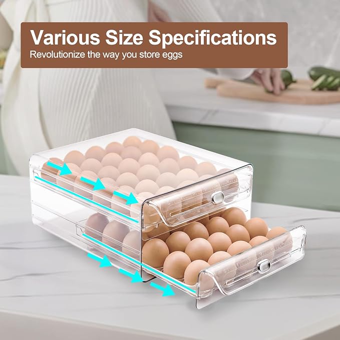 Egg Holder for Refrigerator,60 Eggs Clear Drawer Organizer | 2 Layer Stackable Egg Holder Egg Trays,Egg Storage Container with Time Scale for Fridge Countertop Cabinet - Image 5