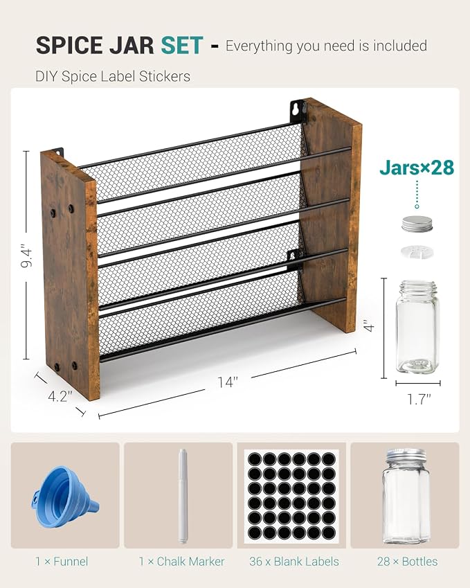 Spice Rack Organizer with 28 Glass Jars, for Cabinet Wall Mount Countertop | 4-Tier Seasoning Organizer with Labels, Chalk Marker & Funnel for Pantry, Kitchen Storage, Wood, 14 in W x 9.4 in H - Image 2