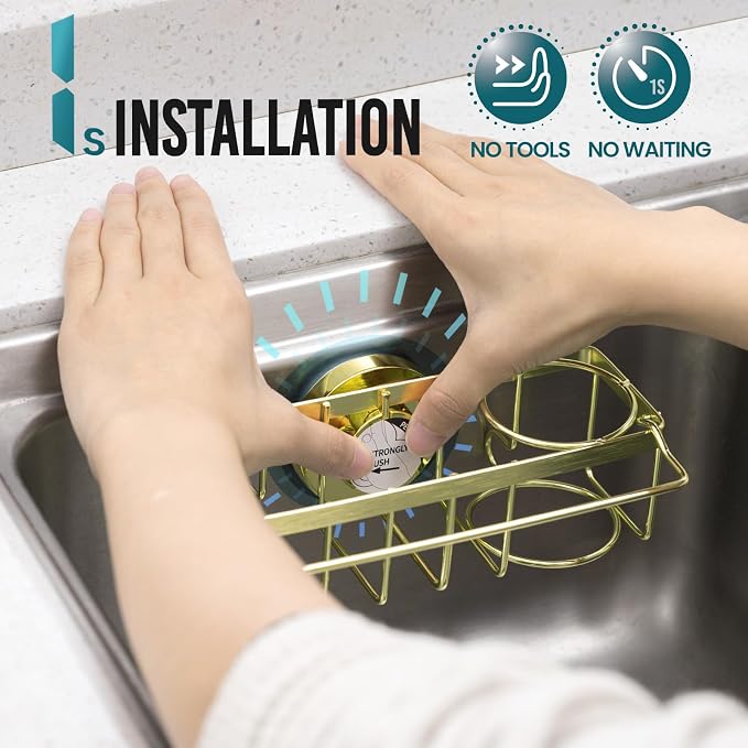 TAILI 4-in-1 Sponge Holder for Kitchen Sink with Strong Suction Cup-Gold | Removable Rustproof 304 Stainless Steel Multi-compartment Sponge Holder with Suction Cup, Keeps Brushes & Scrubbers Tidy - Image 3