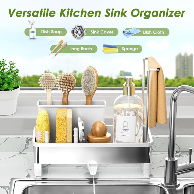 Ewaiira Stainless Steel Sink Caddy, Sponge Holder for Kitchen Sink 9.8″ | with Brush Holder & Dishcloth Rack, Rustproof Organizer Countertop, Soap Kitchen Organizers Storage Essentials, White - Image 3