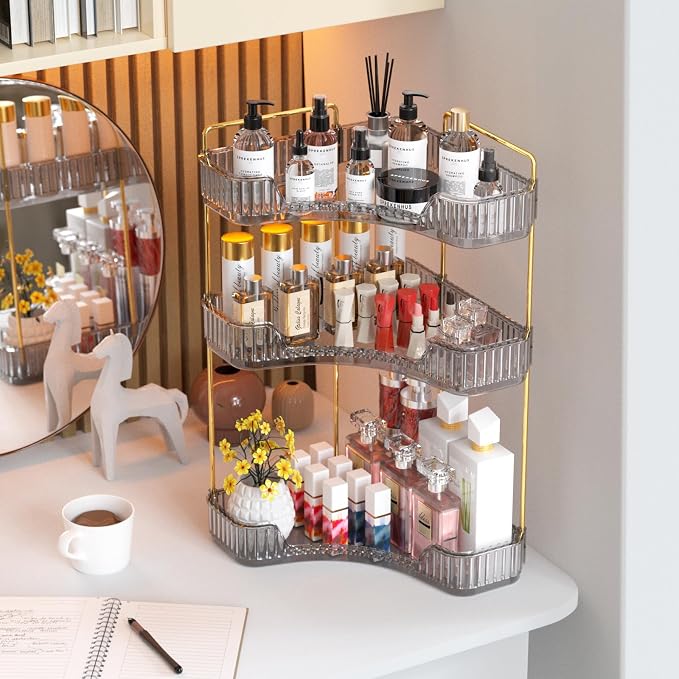 GTI 3-Tier Corner Bathroom Counter Organizer, Large Capacity Makeup Organizer Countertop, Perfume Cosmetics Skincare Vanity Organizers, Exquisite Countertop Storage for Women (Gray) - Image 7