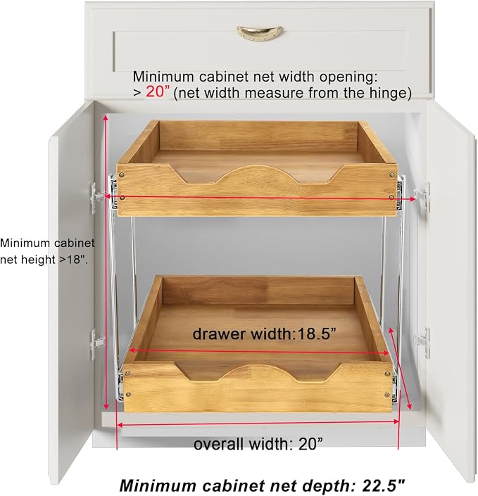 DINDON 2 Tier Pull Out Cabinet Organizer (20" W x 21" D) Wood And Metal Double Tier Slide Out Wood Drawer Under Cabinet Storage Organization - Image 3