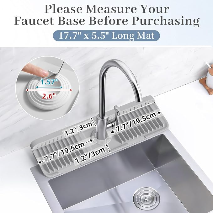 PoYang 17.7 Inch Faucet Mat for Kitchen Sink Splash Guard, Light Grey | Sink Protectors with 7° Slope for Smooth Drainage, Snap Button Holds It in Place, 90° Foldable & Cuttable Hole Fit Most Sinks - Image 3