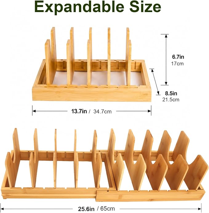 Bamboo Pots and Pans Organizer for Inside Cabinet, Expandable Pot Lid Organizer, Adjustable Kitchen Storage Rack for Lids, Bakeware, Cutting Boards - Image 2