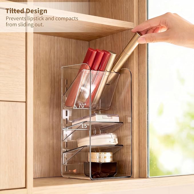 PAVSTINE 3-Pack Medicine Cabinet Organizer, Clear Open Storage Compartment with Adjustable Dividers, for Lip Oil/Lip Pencil/Eye Shadow Palette/Foundation Storage - Image 3