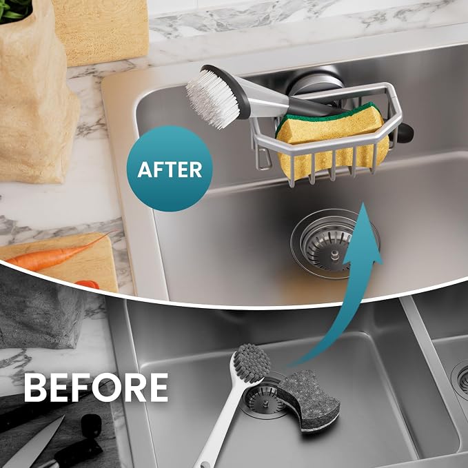 TAILI Sponge Holder for Kitchen Sink with Suction Cup-Silver, Aluminum | Rustproof Aluminum Sink Caddy for Sponges,Brushes,Stoppers & Scrapers,Removable Ventilated Quick-dry Design, holds Up 11lbs - Image 6