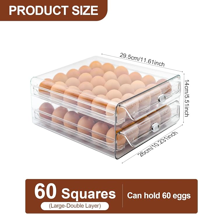 Egg Holder for Refrigerator,60 Eggs Clear Drawer Organizer | 2 Layer Stackable Egg Holder Egg Trays,Egg Storage Container with Time Scale for Fridge Countertop Cabinet - Image 7