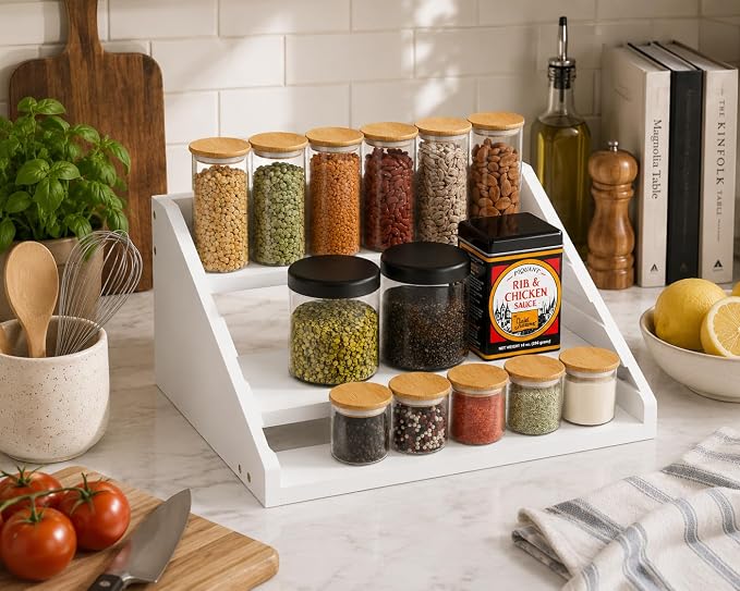 Solid Wood Spice Rack Organizer for Countertop & Cabinet, 4 Tier Adjustable Wooden Spice Shelf with Sliding Track, Premium Step Seasoning Bottle Holder for Kitchen, Cupboard, Pantry & Office, White - Image 6