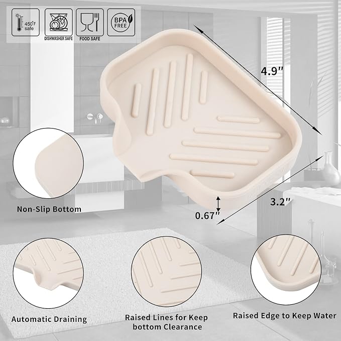 MicoYang Silicone Soap Dish with Drain Spout, Self-Draining Sink Organizer Tray for Bathroom and Kitchen, Sponges, Dispensers and Soap Holder, Non-Slip & Dishwasher Safe, Tapioca (Compact, 4.9"×3.2") - Image 2