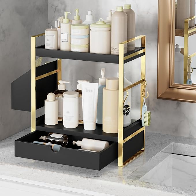 2-Tier Bathroom Counter Organizer, Wooden Vanity Shelf with Drawer & Basket | Pre-Drilled Holes, Skincare & Makeup Countertop Organizer and storage, Black-gold - Image 4