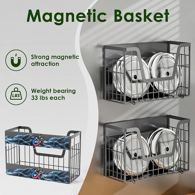 4 Pack Magnetic Shelf for Fridge, Fruit Potato and Onion Storage Bins, Magnetic Spice Rack for Kitchen Pantry Laundry Organizer, Metal Baskets Side of Fridge Organizers and Storage (Grey) - Image 2