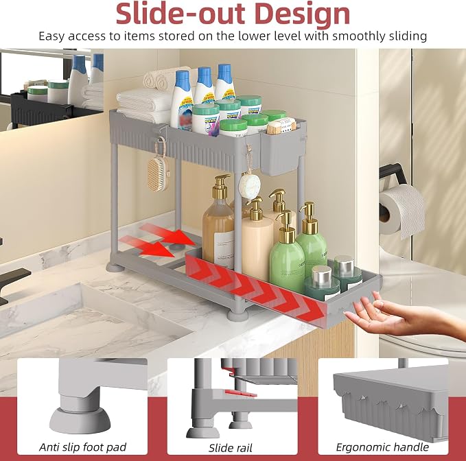 4-Pack 2-Tier Under Sink Organizer with Pull Out Drawers | Multi-use kitchen & bathroom storage. Includes hanging hooks and cups. Gray, space-saving cabinet design. 12.8 Inch - Image 2