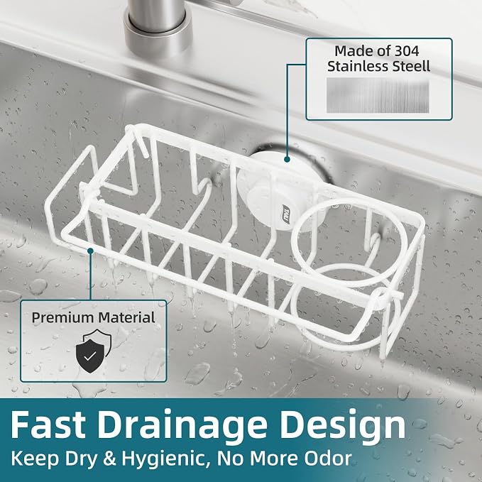 TAILI 4-in-1 Sink Caddy for Kitchen Sink with Strong Suction Cup-White | Removable Sponge Holder for Kitchen Sink Organizer, Rustproof 304 Stainless Steel Holder for Sponge, Brush, Scrubber, Scraper - Image 4