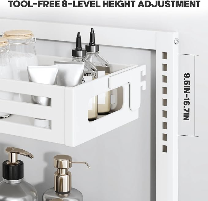 2 Pack Under Sink Organizer,Pull Out Cabinet Organizer With Smooth Cylindrical Rail,Metal Slide Out Drawer for Kitchen Bathroom Laundry Cabinet,8-Level Tool Free Height Adjustable-White - Image 3