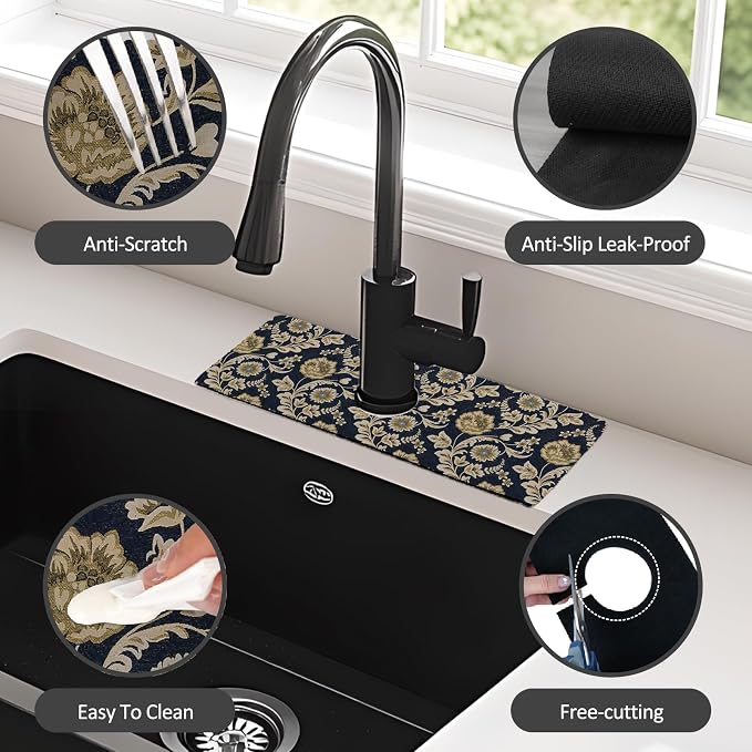15" X 5.5" Kitchen Sink Splash Guard Faucet Mat Floral Flower Super Absorbent Fast Drying Faucet Guard & Draining Mat Sink Splash Guard Behind Faucet for Kitchen, Bathroom - Image 4