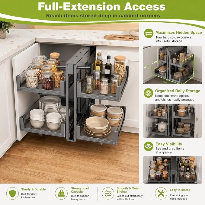Blind Corner Cabinet Pull Out Organizer, Heavy-Duty Magic Corner Shelves with Soft Close, 2-Tier Full Extension Baskets for 13",14.1",15.3",16.9" Kitchen Cabinets, Left & Right Compatible - Image 9