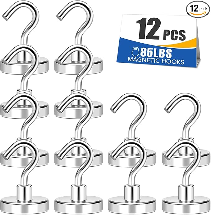 12 Pack Magnetic Hooks Heavy Duty 85lbs Strong Magnets | Metal Hooks for Cruise Cabins Industrial Strength Magnets Hook Perfect for Ships Outdoor Hanging Brackets Refrigerator by MIKEDE