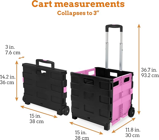 Inspired Living Ultra-Slim Rolling Collapsible Storage Pack-N-Roll Utility-carts, with Telescopic Handle, for Home, Garden, Shopping, Office, School use, Medium, Pink & Black - Image 2