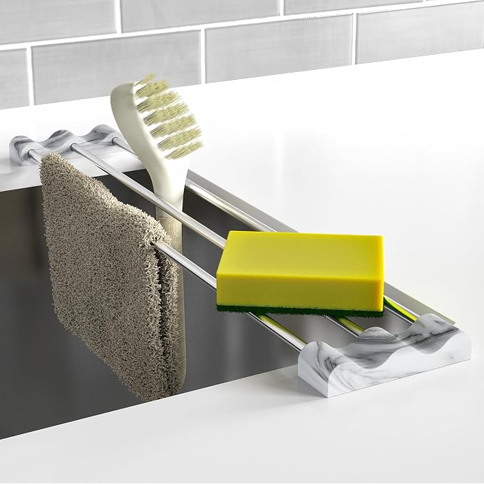 Tomorotec Adjustable Over-The-Sink Kitchen Rack, BPA-Free, Marble | Holds 16.5 Lbs; For Dishcloths, Sponges, and Brushes - Heat-Resistant Stainless Steel with Slim, Expandable Design by Tomorotec