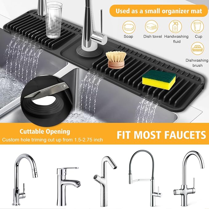 24-Inch Kitchen Sink Splash Guard Mat | 7° Slope for Fast Self-Draining | Snap-Lock Design | Universal & Cuttable Silicone Faucet Mat (Black) - Image 6