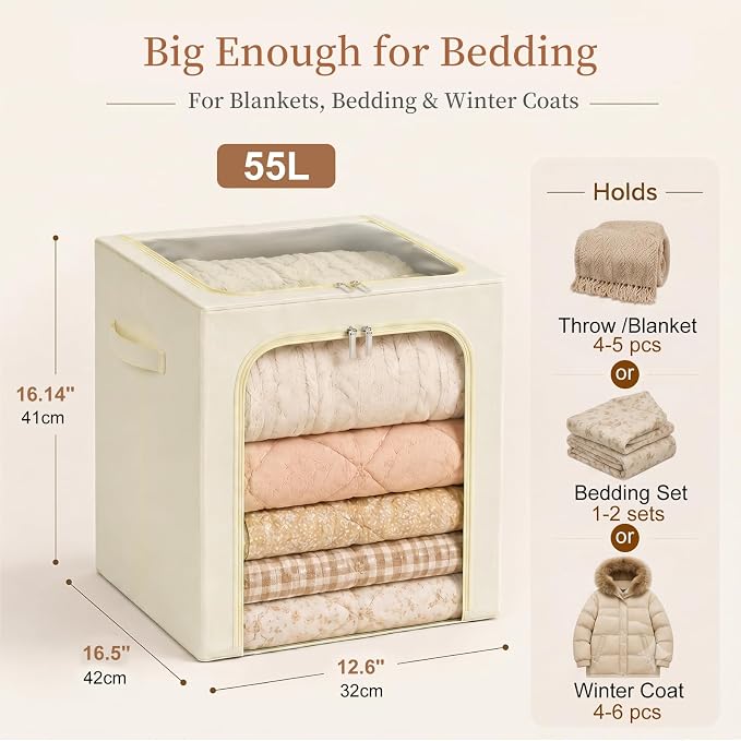 GoMaihe Blanket Storage Bins with Metal Frame for Closet, 55L 4-Pack Beige | Clothing Comforters Bedding Winter Coat, Closet Top Shelf, Collapse-Proof Stackable, Clear Window, Dual Access Space Saving - Image 3