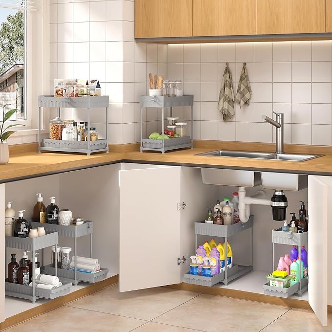 4-Pack 2-Tier Under Sink Organizer with Pull Out Drawers | Multi-use kitchen & bathroom storage. Includes hanging hooks and cups. Gray, space-saving cabinet design. 12.8 Inch - Image 4