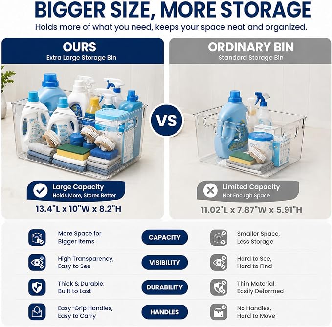 MOONEDGE 4 Pack Extra Large Clear Plastic Storage Bins 13x10x8in Organizers | 16QT Each, Pantry Organizers and Storage, Cabinet Storage, Bathroom, Closet, Under-Sink, Kitchen Shelves, Side Handles, Home - Image 5