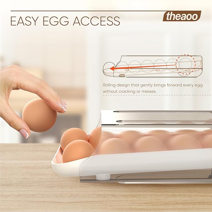 theaoo Egg Holder for Fridge, Automatic Rolling Egg Container, White, 2Pack | Quick Removable Inner Tray For Easy Egg Loading. Stackable Egg Dispenser For Refrigerator Storage And Organization - Image 2