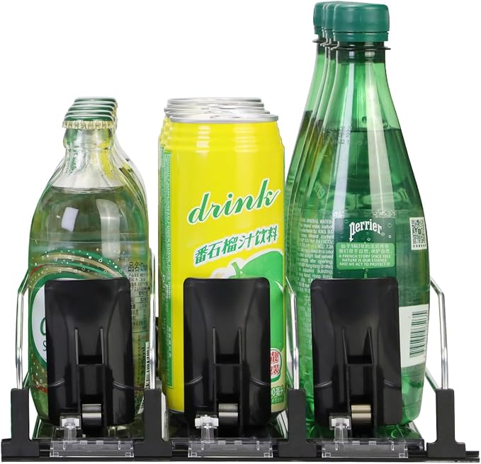Soda organizer for Fridge, Automatic Push Drink Organizer for Refrigerator - Adjustable Width (Holds 15 Cans), Durable Beer & Drink Dispenser with Self-Pushing Glide System, Black - Image 5