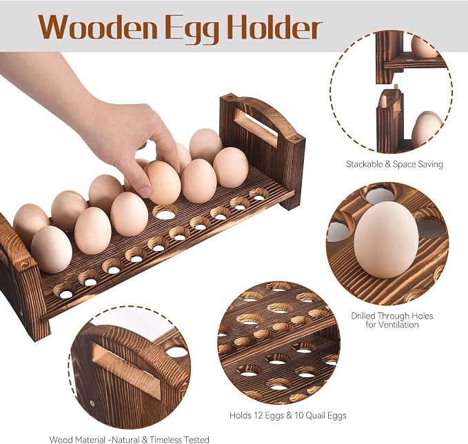 Wooden Egg Holder 2 Layer Rack Holders Countertop Stackable Quail Egg Sorter Storage Trays Organizer Display Stand Kitchen Rack Fits Duck, Turkey, Chicken Eggs,up to 36 Eggs, 2 Tier-Brown - Image 3