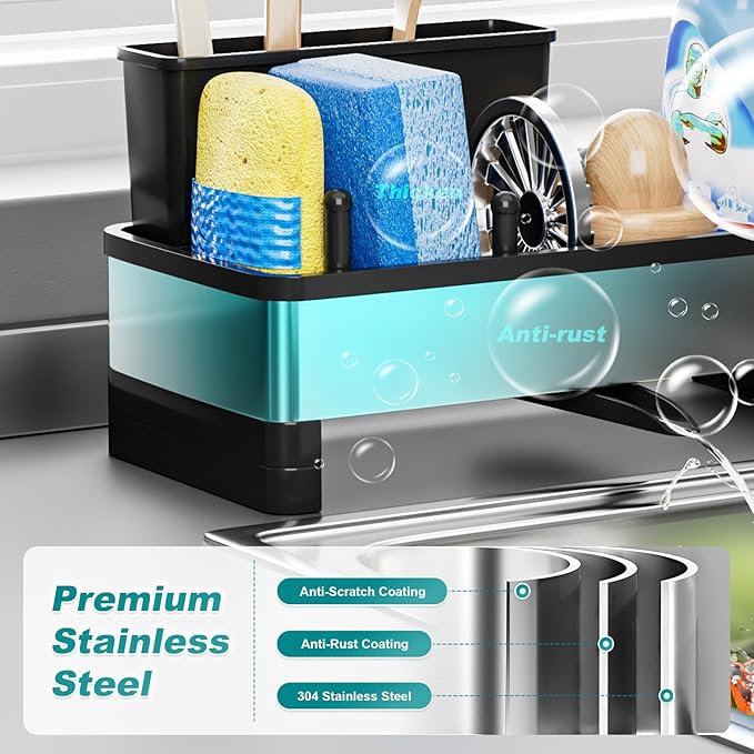 Ewaiira Stainless Steel Sink Caddy, Sponge Holder for Kitchen Sink 9.8″ | with Brush Holder and Towel Rack, Sink Organizer for Countertop, Soap Kitchen Organizers Storage Essentials, Black - Image 4