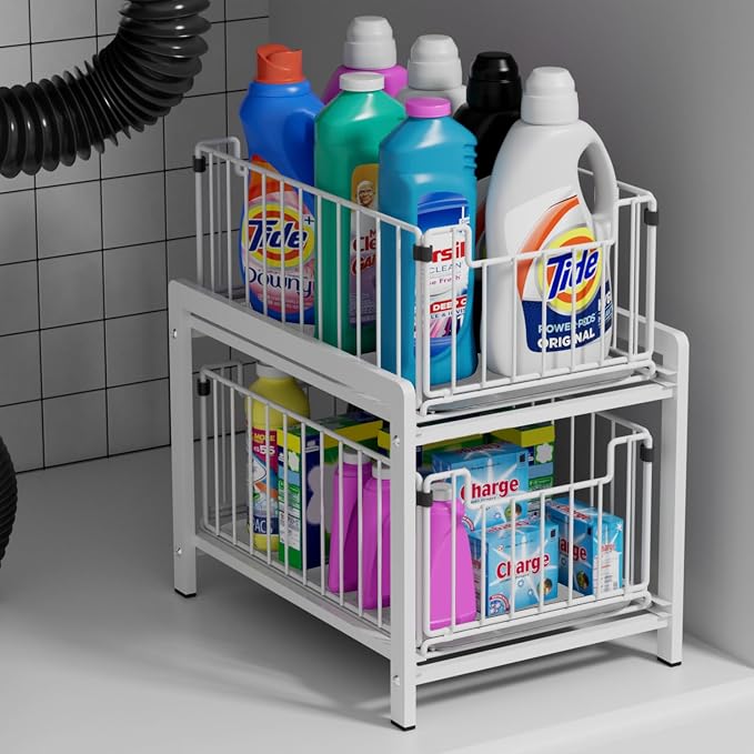 2-Tier Pull Out Cabinet Organizer, Slide Out Under Sink Organizer | Metal Cabinet Baskets with Mesh Sliding Drawer for Home, Office, Bathroom, Kitchen, Pantry Storage Shelf, Large White by Lxmons