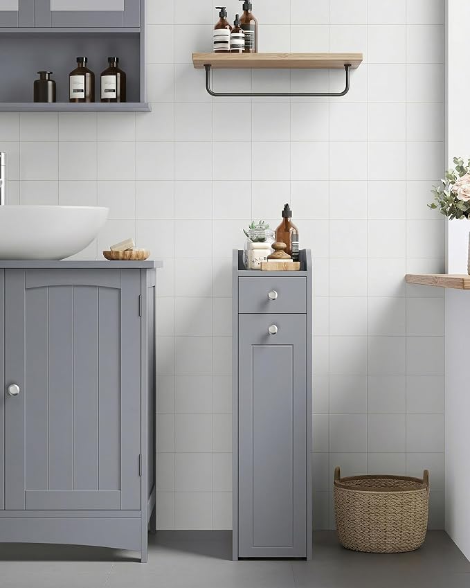 VASAGLE Small Bathroom Storage Cabinet, with Slide Out Drawers，Dove Gray | Slim Bathroom Storage Organizer, Toilet Paper Holder, for Small Spaces, Dove Gray, SIREN Collection UBBC847G02 - Image 8