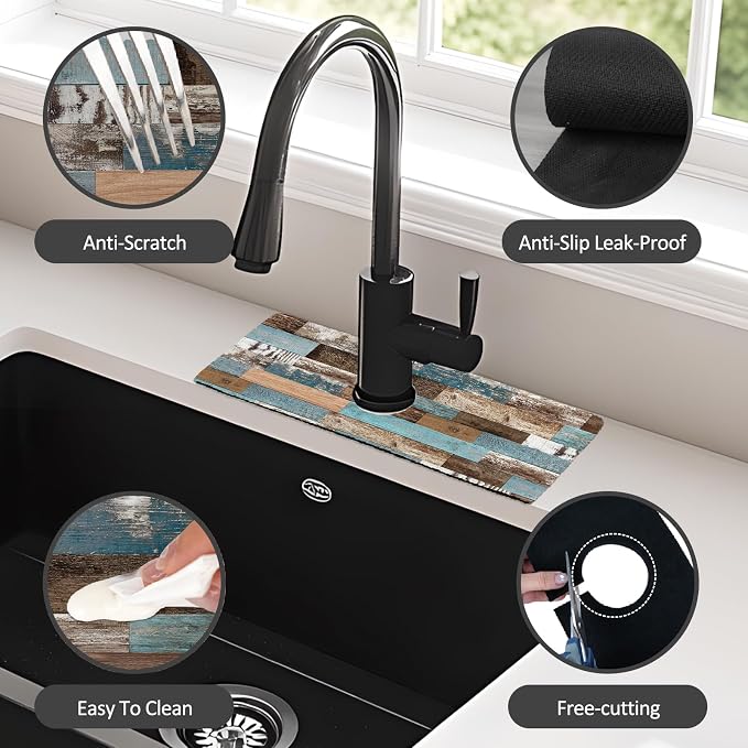 2PCS 15" X 5.5" Kitchen Sink Splash Guard Faucet Mat Wood Grain Super Absorbent Fast Drying Faucet Guard & Draining Mat Sink Splash Guard Behind Faucet for Kitchen, Bathroom - Image 6