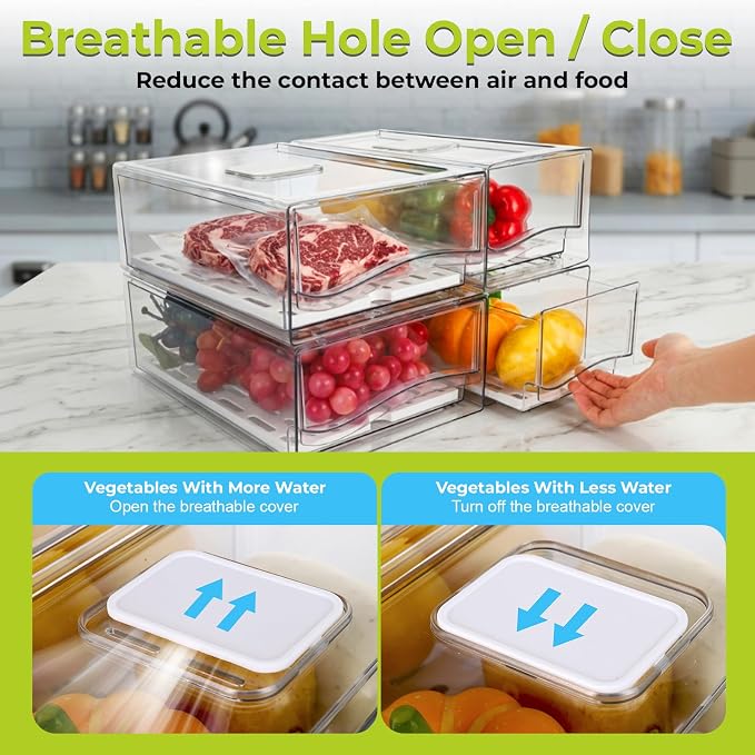 4Pack Fridge Organizer, Stackable Refrigerator Organizer Bins | Reusable Food Storage Containers, BPA-Free with Drain Tray for Kitchen, Refrigerator, Pantry (4 Drawers, Large, Medium) - Image 5