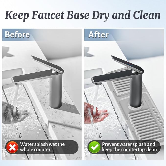 PoYang 17.7 Inch Faucet Mat for Kitchen Sink Splash Guard, Light Grey | Sink Protectors with 7° Slope for Smooth Drainage, Snap Button Holds It in Place, 90° Foldable & Cuttable Hole Fit Most Sinks - Image 7