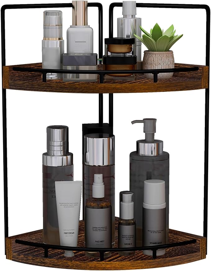 Dorhors Corner Bathroom Counter Organizer,Vanity Countertop Storage Shelf | 2-Tier Dark Red Rack Holder for Skincare,Perfume,Makeup,Lotion,Wood Sink Tray Stand for Kitchen,Restroom,Dresser by Dorhors