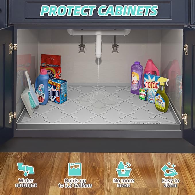 Waterproof Under Sink Mat Silicone 28" x 22" Kitchen Cabinet liner | BPA-Free Silicone Mat with Raised Lip Protects Cabinets from Leaks, Versatile Home Organizer for Bathroom, Pets, Boots, Floor - Image 4