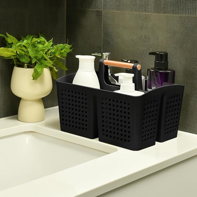 Portable Shower Caddy Basket with 3 Compartments and Handle, Black | Plastic Divided Cleaning Caddy Organizer for Bathrooms, Dorm Rooms, Gyms, Laundry Rooms, Garages and RV Storage - Image 4