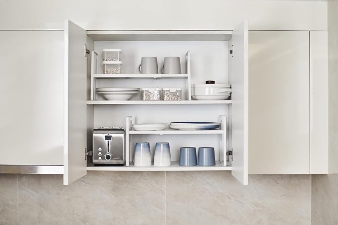 Nxconsu Cabinet Shelf Riser, Adjustable Cabinet Organizer, 12" Deep White | Heavy-Duty Metal Expandable Shelf Holds 50 lb with 3 Height Levels for Kitchen Cabinet Cupboard Pantry Dish Mug - Image 2