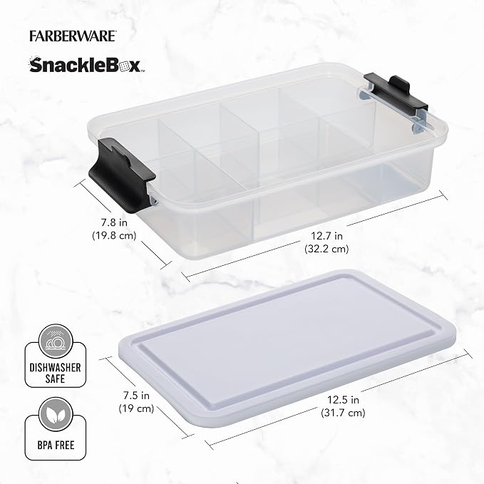 Farberware Snacklebox 7.8 x 12.7 Inch Plastic Cutting Board Lid with 7 Compartments and Locking Handles - Portable Snack Organizer for Charcuterie, Travel, Picnics, and On-the-Go Snacking - Image 8
