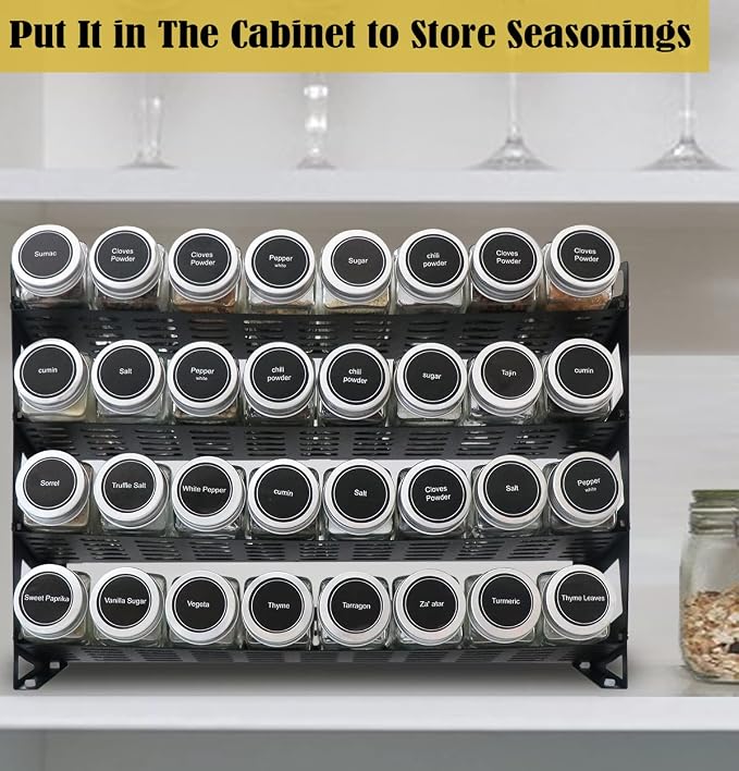 4 Tier Spice Rack Organizer with 32 Square Spice Jars and 160 Spice Labels Set for Kitchen Cabinet Countertop Pantry or Wall Mount, Matte Black - Image 6