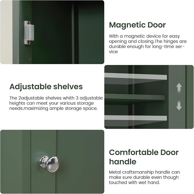 Iwell Tall Bathroom Storage Cabinet with 2 Doors & 1 Drawer, Narrow Storage Cabinet with Adjustable Shelves, for Living Room, Bathroom, Kitchen, Forest Green - Image 6